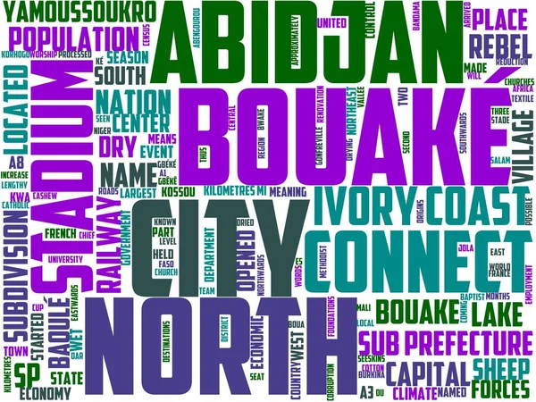 bouake tipografisi, kelime bulutu, kelime sanatı, bouake, seyahat, şehir, arka plan, Afrika