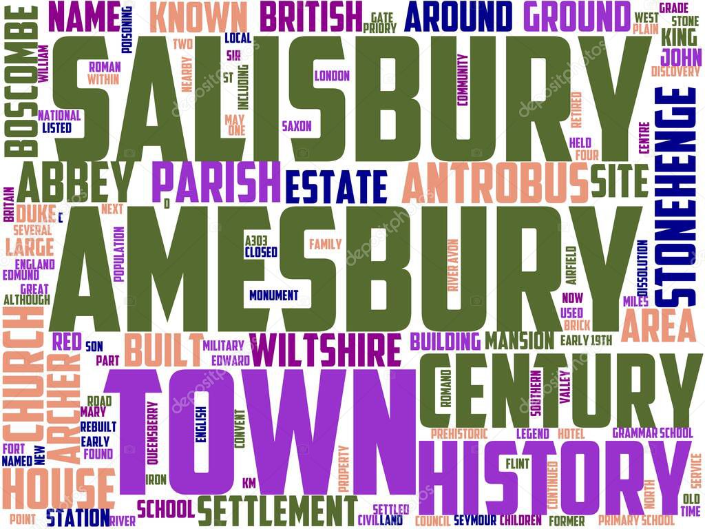 amesbury typography, wordcloud, wordart, uk, wiltshire, england, salisbury, travel