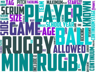 Mini rugby tipografisi, kelime bulutu, kelime sanatı, spor, rugby, futbol, yarışma