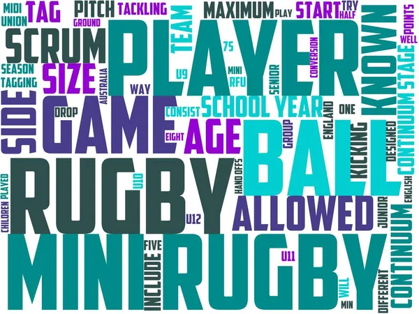 Mini rugby tipografisi, kelime bulutu, kelime sanatı, spor, rugby, futbol, yarışma