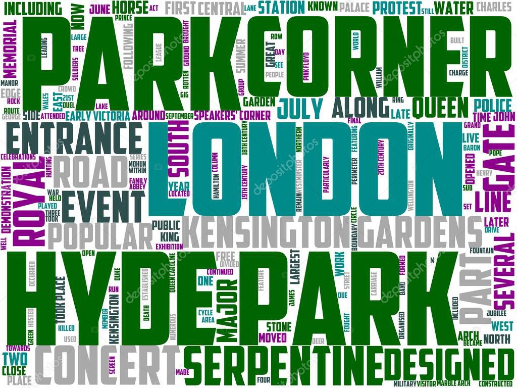 hyde park typography, wordart, wordcloud, london, england, city, park