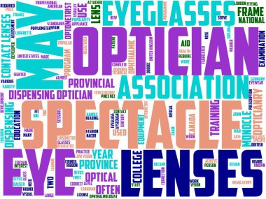 Optisyen tipografi, kelime bulutu, kelime sanatı, gözlükçü, göz, görüş, görme