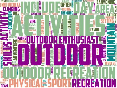 Tipografi, kelime bulutu, kelime sanatı, açık hava, doğa, takip, yaşam tarzı.