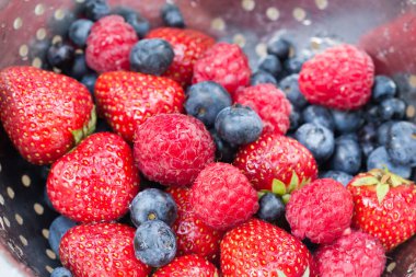 süzgeçte çok renkli böğürtlenler yakın çekim seçici odak