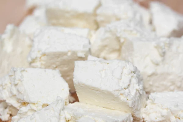 Pieces Fresh Cottage Curd Cheese Closeup Selective Focus — Fotografia de Stock