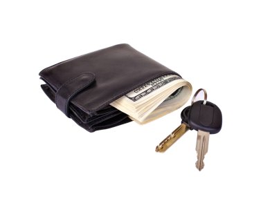 Black purse stuffed with paper money and car keys isolated on white background