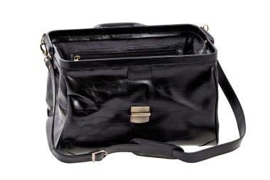 izole beyaz zemin üzerine siyah deri valiz açıldı