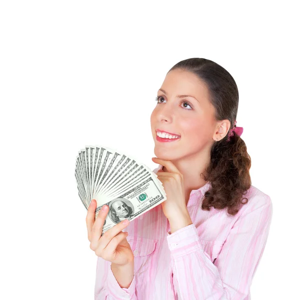 Щаслива красива жінка тримає купу грошей ізольовано на білому тлі — стокове фото