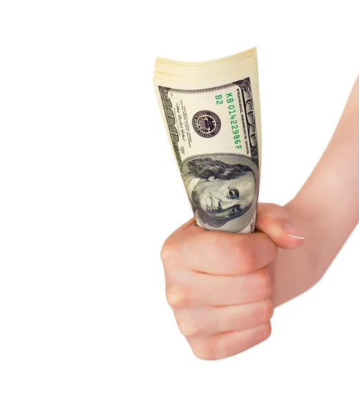 Hand holding a bundle of money isolated on white background — Stock Photo, Image