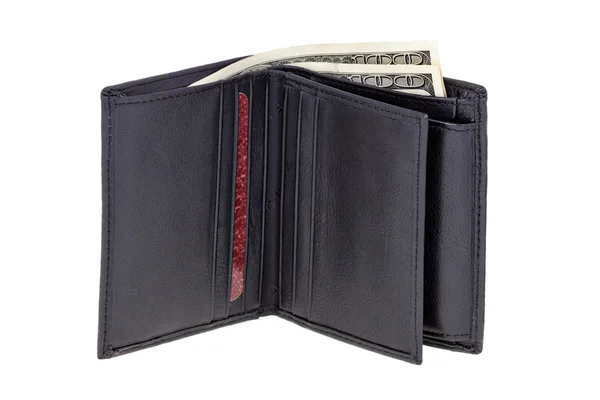 Черный кошелек с бумажными деньгами изолированы на белом фоне — стоковое фото