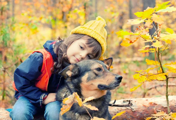 Ledsen liten flicka med stora hund — Stockfoto