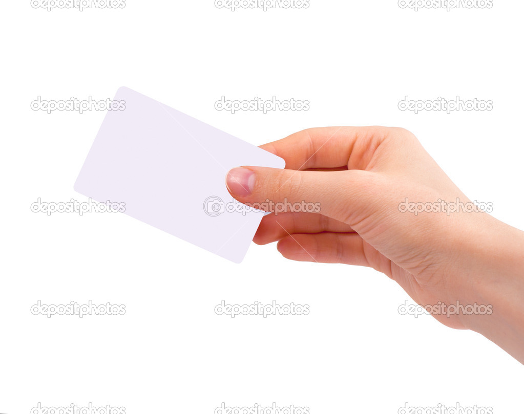 Hand holding visiting card isolated on white background