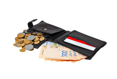 Black purse stuffed with paper money, coins and credit card isolated on white background