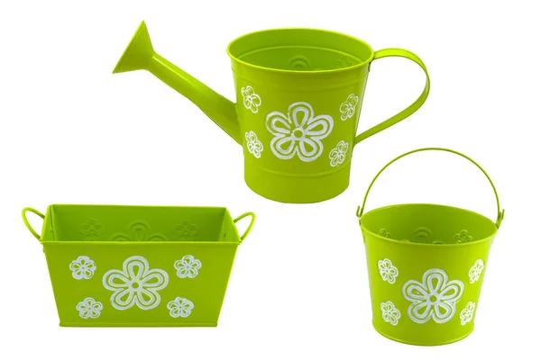 Green watering can, bucket and flowerpot isolated on white — Stock Photo, Image