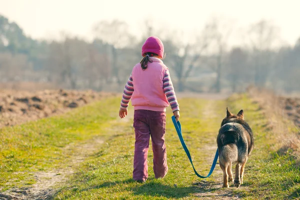 Menina caminhando com o cão — Fotografia de Stock