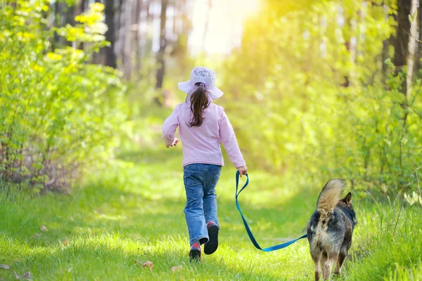 Liten flicka i skogen med hunden — Stockfoto