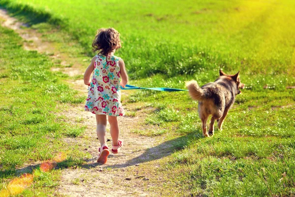 Kleines Mädchen mit Hund läuft im Freien — Stockfoto