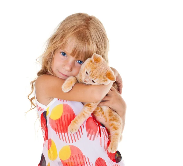 Girl hugging a little cat — Stock Photo, Image
