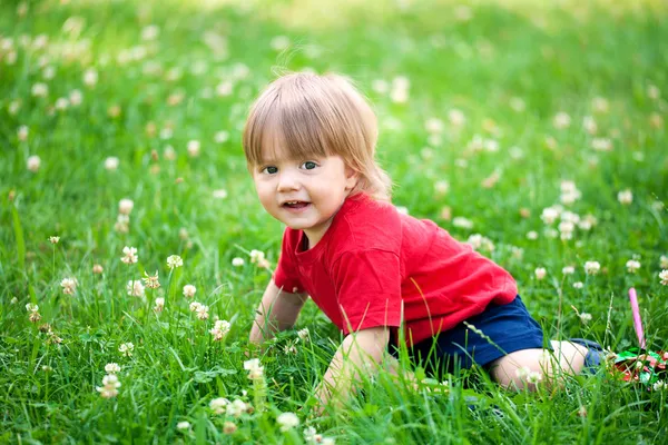 Jongen kruipen in gras — Stockfoto