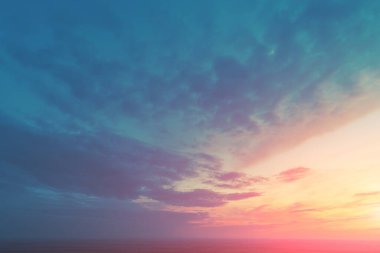 Gün batımında renkli bulutlu bir gökyüzü. Rengi değişmiş. Gökyüzü dokusu. Soyut doğa arkaplanı