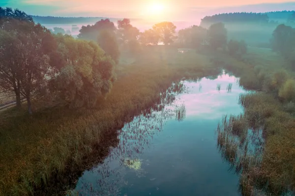 Časné Ráno Východ Slunce Nad Jezerem Venkovská Krajina Létě Letecký — Stock fotografie