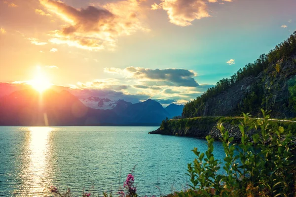 日没時にフィヨルド 夕方には岩の海岸 ノルウェーの美しい自然 絵のような北欧の風景 ノルウェーのロフテン島 — ストック写真