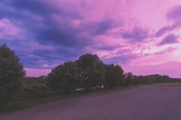 Сільський Пейзаж Вранці Блакитно Рожевим Небом Вид Повітря Сільську Місцевість — стокове фото