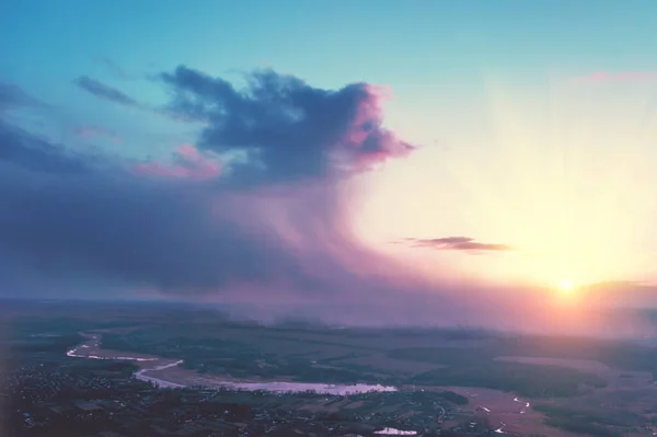 Magical Dramatic Sunset Countryside Spring Dramatic Stormy Sky Rural Landscape — Stock Photo, Image