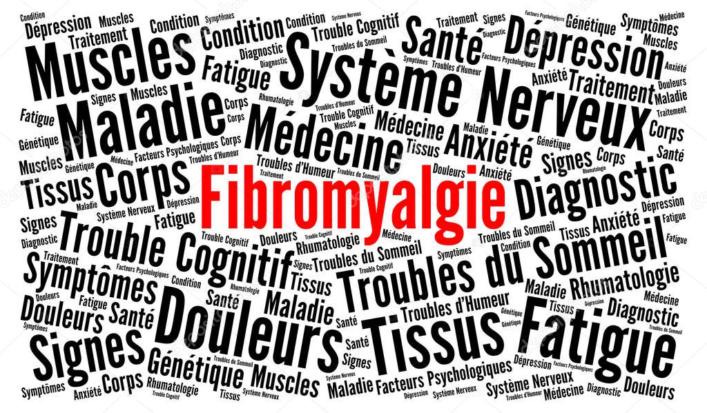 Fibromyalgia word cloud concept illustration in French language