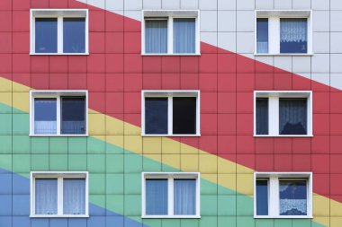 Colored facade of a building in Lichtenberg, Berlin, Germany
