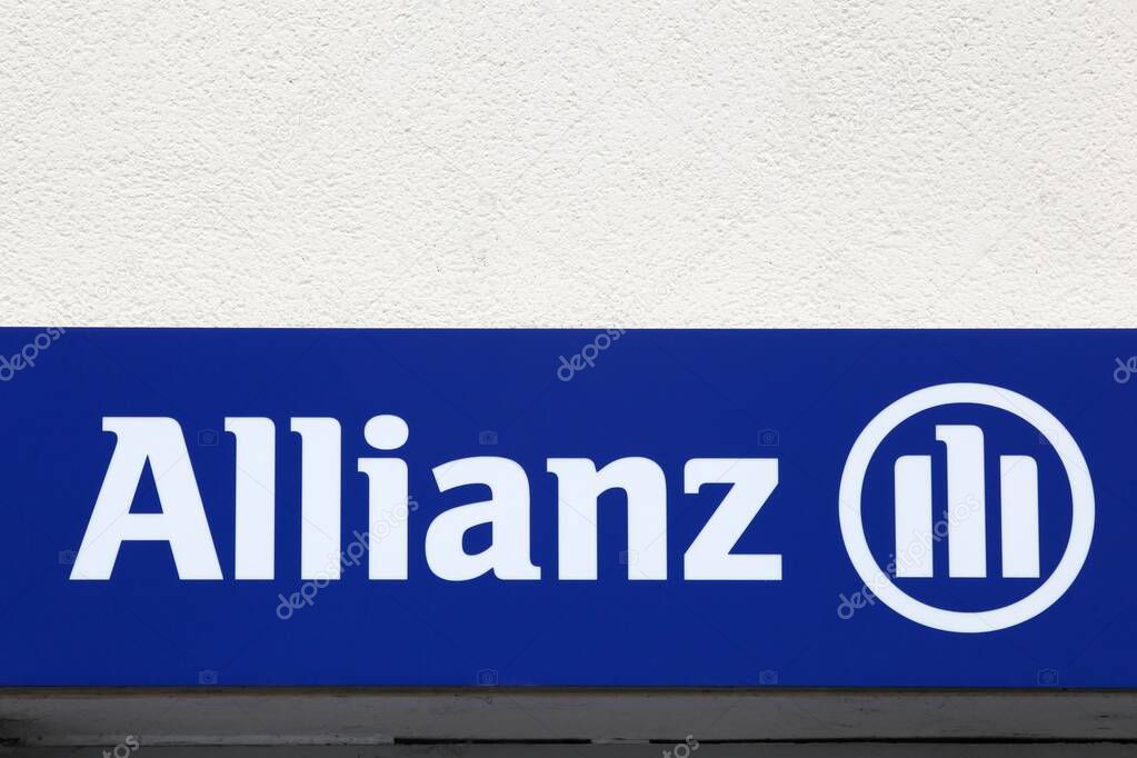 Gourdon, France - June 26, 2021: Allianz sign on a wall. Allianz is a European financial services company headquartered in Munich, Germany