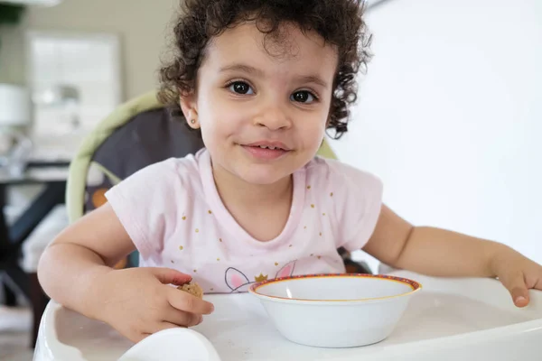 Carino Due Anni Bambina Seduta Seggiolone Mangiare Biscotto Ambiente Domestico — Foto Stock