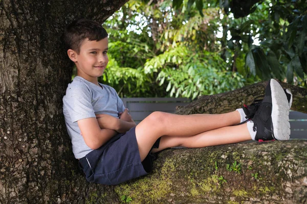 Niedlichen Jungen Genießen Die Natur Sitzen Einem Baum — Stockfoto