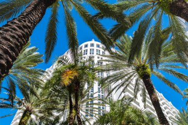 Miami, Florida USA - 6 Ocak 2022: Klasik sanat deco mimarisi ile Loews Oteli Güney Sahili 'ndeki Collins Bulvarı' nda popüler bir turizm merkezi..