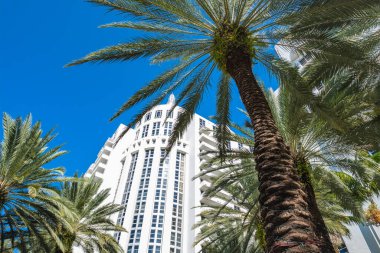Miami, Florida USA - 6 Ocak 2022: Klasik sanat deco mimarisi ile Loews Oteli Güney Sahili 'ndeki Collins Bulvarı' nda popüler bir turizm merkezi..