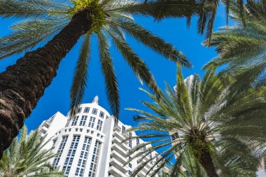 Miami, Florida USA - 6 Ocak 2022: Klasik sanat deco mimarisi ile Loews Oteli Güney Sahili 'ndeki Collins Bulvarı' nda popüler bir turizm merkezi..