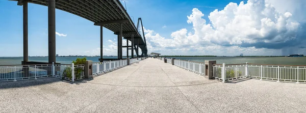 Panoramic view of the Arthur Ravenel Bridge from the Mount Pleasant Pier in Charleston, South Carolina