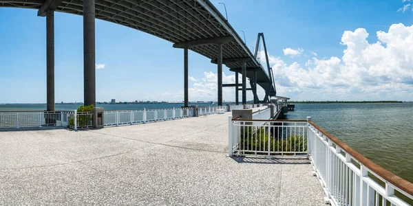 Panoramic view of the Arthur Ravenel Bridge from the Mount Pleasant Pier in Charleston, South Carolina