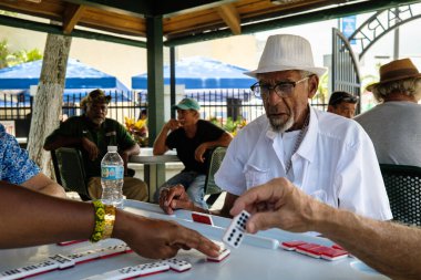 Miami, Florida ABD - 18 Haziran 2022: Popüler Little Havana 'daki tarihi Domino Parkı' nda kimliği belirsiz yaşlı adam domino oyunu oynuyor.