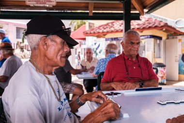 Miami, Florida ABD - 18 Haziran 2022: Popüler Little Havana 'daki tarihi Domino Parkı' nda kimliği belirsiz yaşlılar domino oyunu oynuyorlar.