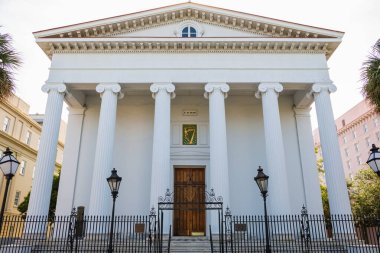 Charleston, South Carolina USA - May 3, 2022: The beautiful architecture of the Hibernian Hall dedicated to the Hibernian Society located on Meeting Street in the historic downtown diistrict.