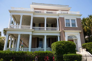 Charleston, South Carolina USA - May 3, 2022: Beautiful vintage architecture of the residential French Quarter district.