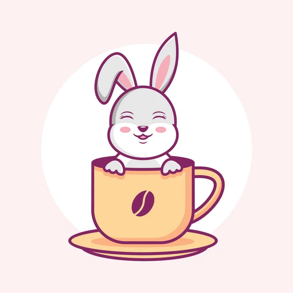 Cute Rabbit Coffee Cartoon Ilustration Inglês Animal Plano Estilo Dos — Vetor de Stock