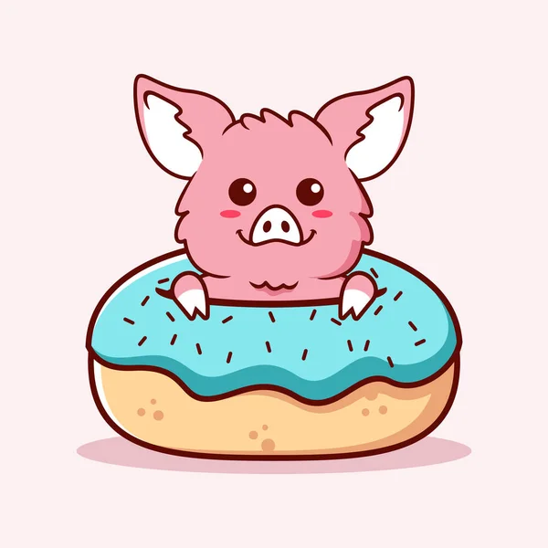 Cute Pig Donuts Illustration Animal Flat Cartoon Style — Vetor de Stock