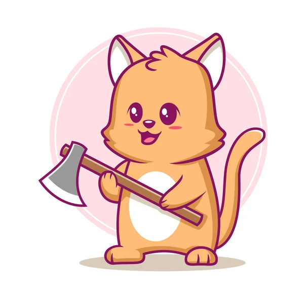 Niedliche Katze Mit Axt Cartoon Vektor Illustration — Stockvektor