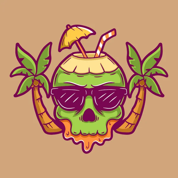 Summer Coconut Skull Beach Cartoon — Stock Vector