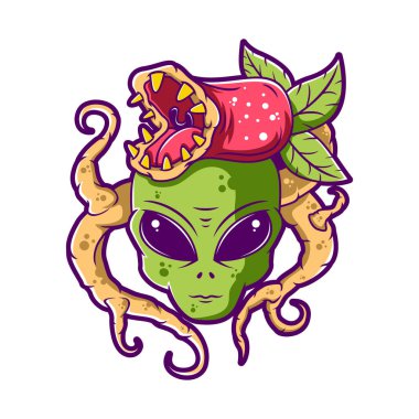 Uzaylı ve canavar bitki karikatür vektör çizimi