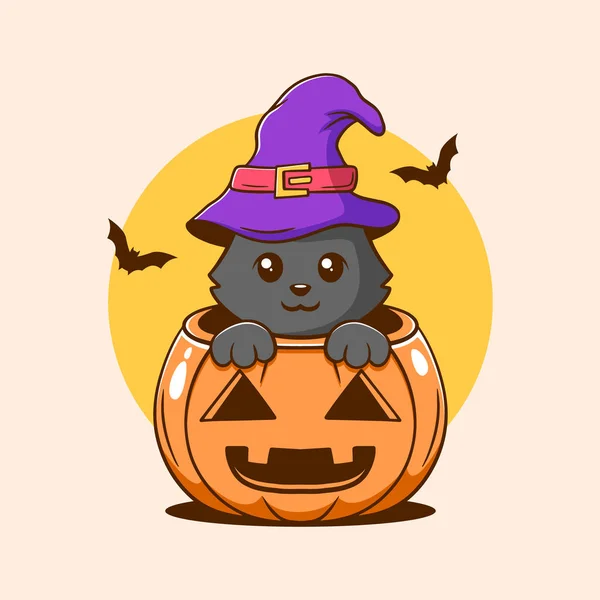 Cute Black Cat Halloween Pumpkin Vector Illustration — ストックベクタ