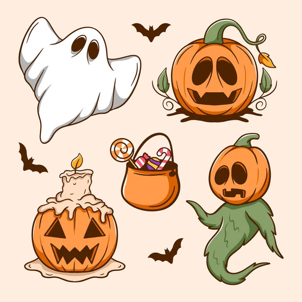 Set Hand Drawn Cute Halloween Elements Vector Illustration — ストックベクタ