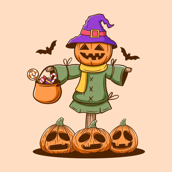 Hand Drawn Cute Scarecrow Halloween Illustration — ストックベクタ
